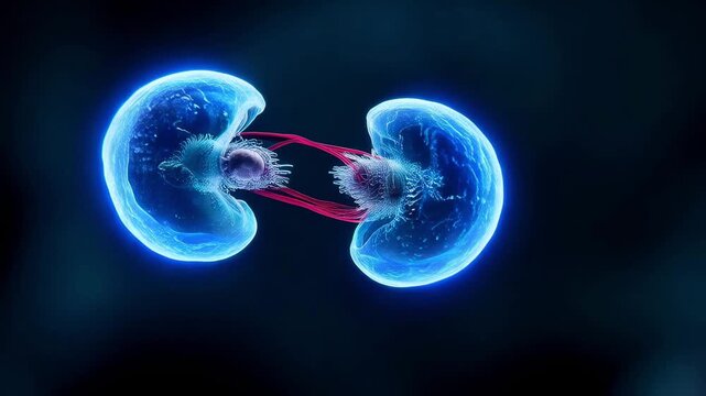 A 3D animation of a cell undergoing mitosis and division. Microscopic view of cytokinesis and cellular reproduction. A scientific and biological visualization