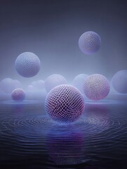 Abstract Futuristic Spheres Floating on Rippling Water