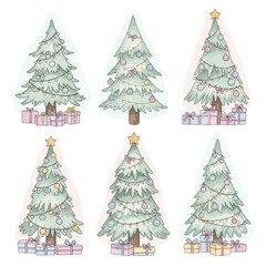 Set of Pastel Watercolor Christmas Trees with Gifts Vector Collection