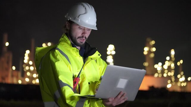 Worker checks laptop in bright safety gear at industrial location during nighttime