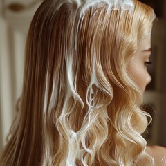 Fototapeta premium Blonde hair is styled with cream for a fresh, beautiful look at the salon