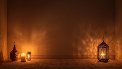 Softly Lit Lanterns on Wooden Surface.