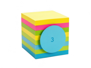 Colorful stacked cubes with a blue circle and number three isolated on transparent background