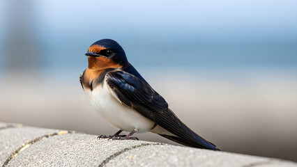 Barn Swallow Perched on Concrete Ledge with Blurred Background