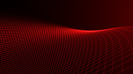 Red Glowing Cyber Wireframe Grid Background With Laser Lines. Retro Futuristic Perspective Game Backdrop For Posters, Banners, Wallpapers. Vector Illustration.