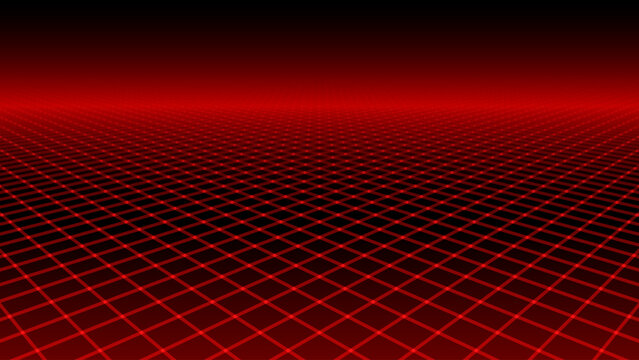 Red Glowing Cyber Wireframe Grid Background With Laser Lines. Retro Futuristic Perspective Game Backdrop For Posters, Banners, Wallpapers. Vector Illustration.