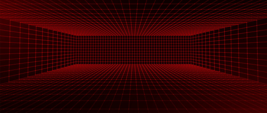 Red Glowing Cyber Wireframe Grid Background With Laser Lines. Retro Futuristic Perspective Game Backdrop For Posters, Banners, Wallpapers. Vector Illustration.
