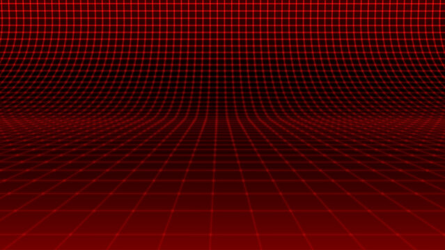 Red Glowing Cyber Wireframe Grid Background With Laser Lines. Retro Futuristic Perspective Game Backdrop For Posters, Banners, Wallpapers. Vector Illustration.