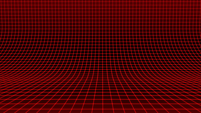 Red Glowing Cyber Wireframe Grid Background With Laser Lines. Retro Futuristic Perspective Game Backdrop For Posters, Banners, Wallpapers. Vector Illustration.