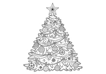 Fototapeta premium Ornate Outline Christmas Tree with Garlands, Baubles, and Star Topper