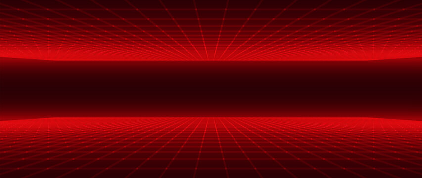 Red Glowing Cyber Wireframe Grid Background With Laser Lines. Retro Futuristic Perspective Game Backdrop For Posters, Banners, Wallpapers. Vector Illustration.