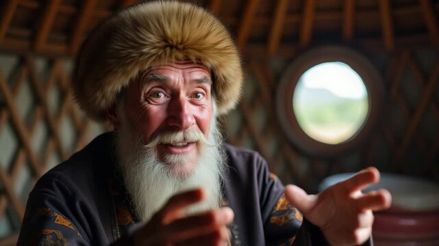 An elderly storyteller with a long white beard talking inside a traditional yurt. Close-up portrait of a wise man in a fur hat sharing a story. Tradition and heritage concept