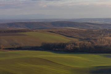 Fototapeta premium Panoramic view of rolling hills in South Moravia with green fields and forests during a calm winter afternoon. Picturesque rural landscape