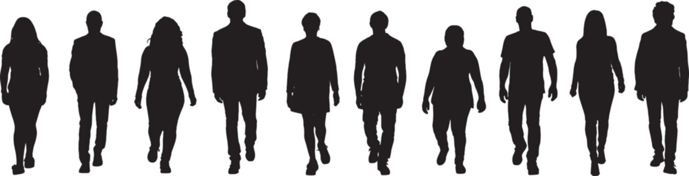 vector, silhouette of front view of a group  of woman and man walking