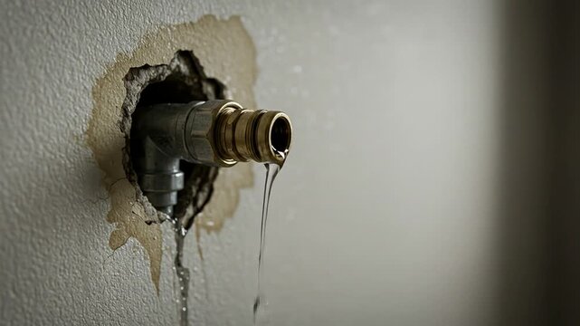 Close-up of a leaking water pipe inside a wall, showing moisture damage and visible damp. Repair and maintenance - Plumber