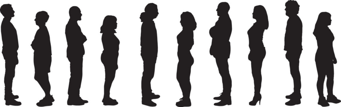 vector,  silhouette of side view of a group  of woman and man standing