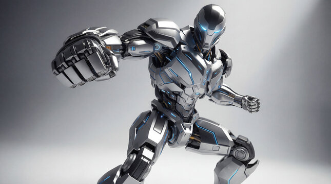 Dynamic 3D Render of Silver Futuristic Cyborg Robot Punching in Action Pose