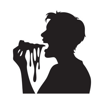 Silhouette of a person enjoying a dripping slice of pizza