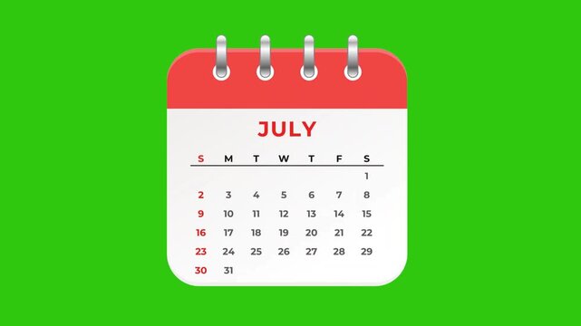 Calender 2026 Animated,Red flat style calendar flipping pages displaying monthly overview from February to November on green screen