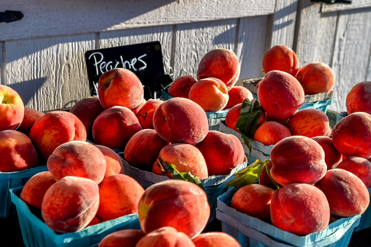 Peaches on a roadside stand.
