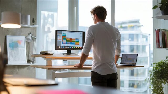 A man stands at a height adjustable desk in a sunlit office, gazing outside through large windows. The workspace features a computer monitor, laptop, and modern office decor