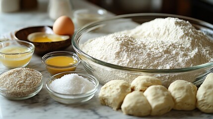 Fototapeta premium Flour, eggs, and other baking essentials displayed beautifully on a kitchen counter