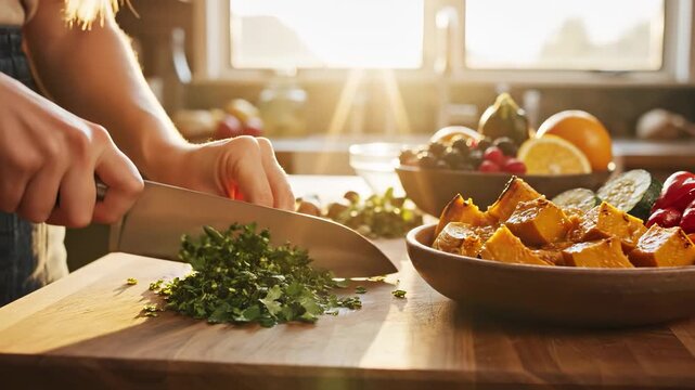 A woman chops fresh herbs on a wooden cutting board while colorful vegetables are arranged nearby. The woman and vegetables create a vibrant, inviting atmosphere in the kitchen.