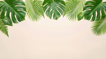 Obraz premium Tropical Leaves Frame on Beige Background with Copy Space Flat Lay