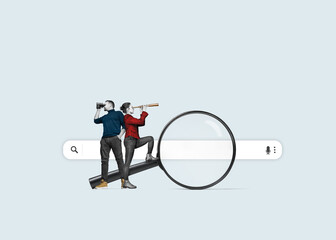 A young woman and man with a binoculars stands on a big magnifying glass. Isolated free search area. Searching for information on the internet concept.