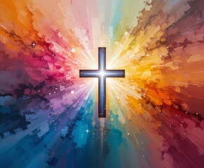 pintura abstracta vibrante y colorida que sirva de fondo para un s&iacute;mbolo central de la cruz.