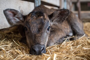 Fototapeta premium A brown baby calf lies on warm straw inside a farm barn, gazing innocently at the camera with its sweet eyes.