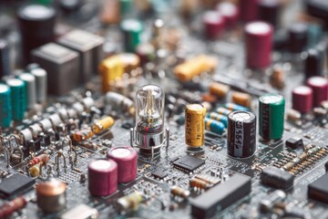 Close up view of a complex electronic circuit board showcasing numerous colorful components and a unique glass tube.