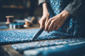 Obraz premium Close up shows hands precisely cutting vibrant blue fabric with a blade, preparing materials for a creative textile project.