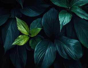 Fototapeta premium Green Tropical Leaves with Dark Background, Texture and Depth