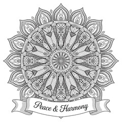 Intricate black and white mandala design with floral patterns and a peace banner