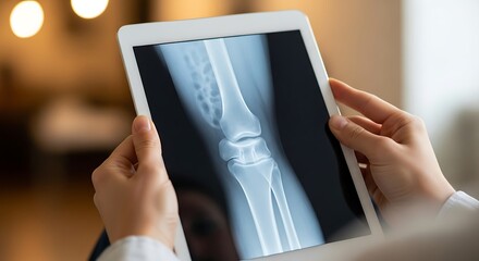 Doctor examining knee x-ray on digital tablet
