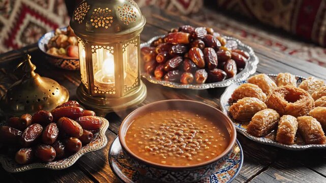 Ramadan Iftar Meal Table with Steaming Lentil Soup, Dates, and Middle Eastern Sweets Illuminated by Traditional Fanous Lantern