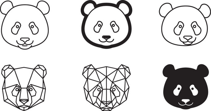A set of six different panda head icons in various artistic styles on white background Vector