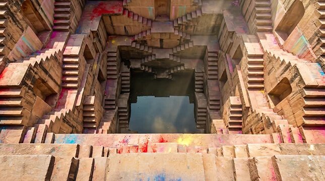 Ancient Rajasthani Stepwell Geometry, Top Down Symmetrical Stairs, Shafts of Light in Dust, Colored Gulal Residue and Tinted Water Trickle Leaving Pastel Trails