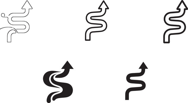 Six variations of a winding arrow icon symbolizing challenge and forward direction. Vector