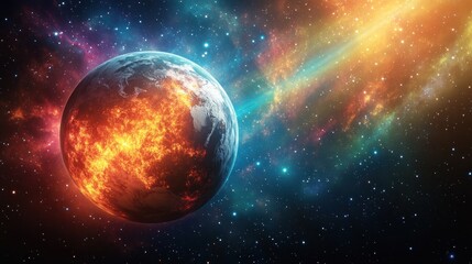 Fototapeta premium A bright, fiery planet shines amidst colorful cosmic clouds in space
