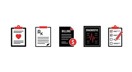 Medical documents and reports icons set
