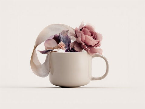 Delicate floral composition emerging from ceramic cup symbolizing aroma and calm