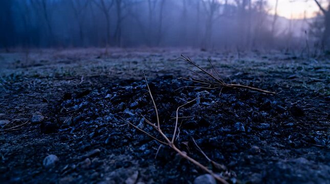 Holi Bonfire Residue Ash and Faint Embers at Dawn, Holika Dahan Aftermath, Charcoal Circle with Gulal Dust Specks, Subtle Ember Flicker and Particulate Drift