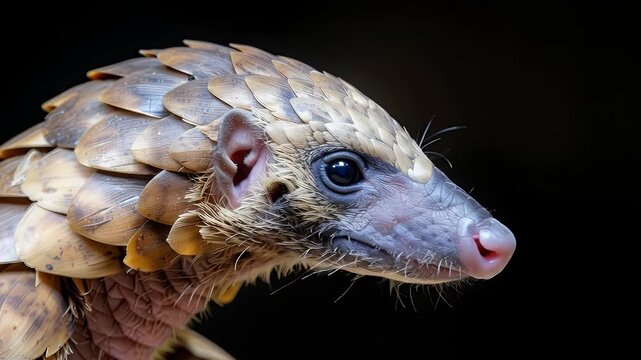 Close-up of a pangolins head, showcasing its unique scales and features.