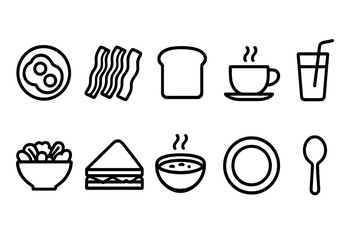Breakfast, coffee linear icon set. Morning, food and drink line icons collection