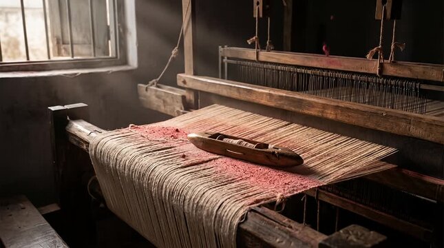 Handloom Loom Warp Threads Dusted With Holi Gulal in Workshop, Wooden Shuttle, Morning Window Light, Falling Color Grains, Rack Focus, Floating Dust Motes