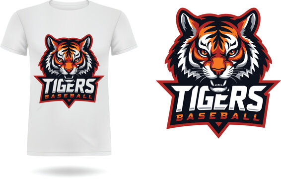 Roaring tiger head mascot logo for the "Tigers Baseball" team printed on a white t-shirt