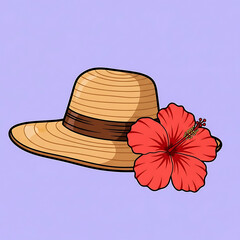 Straw hat with red hibiscus flower on pastel purple background  