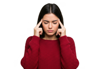 Young woman with dark hair concentrating deeply touching her temples with fingers transparent background